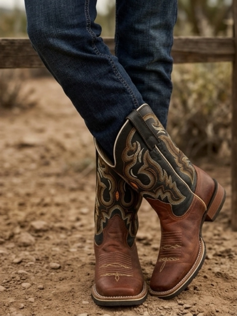 Men's Brown Leather Cowboy Boots with Black Embroidered Shaft